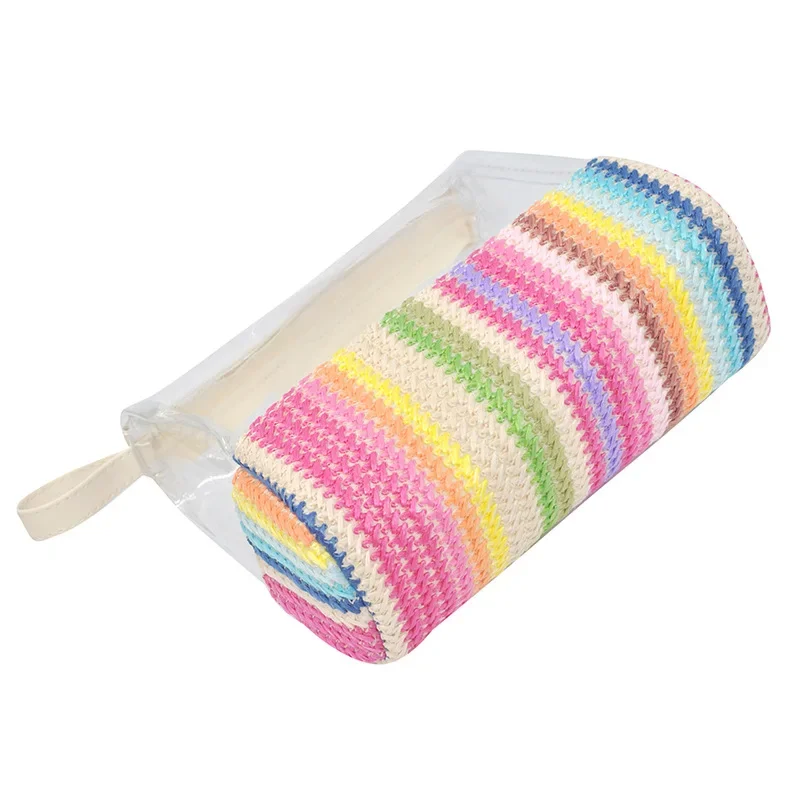 Durable Women\'s Grass Knitted Handheld Cosmetic Storage Bag Transparent Toilet Products Cosmetic Handheld Storage Bag