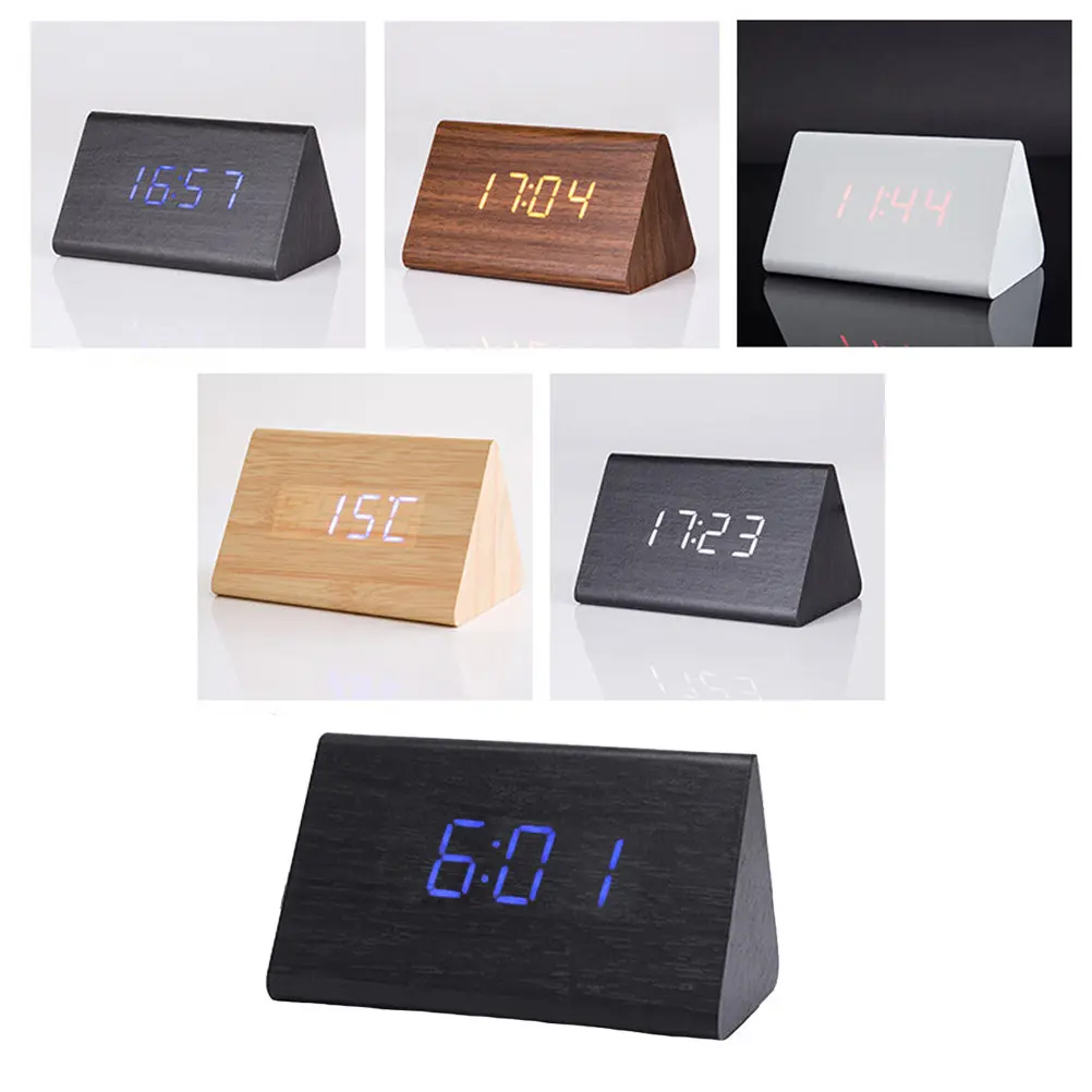 Modern Black Triangle Wooden LED Alarm Clock Sound Control Desk Clock Digital Thermometer Indoor Temperature Celsius Fahrenheit