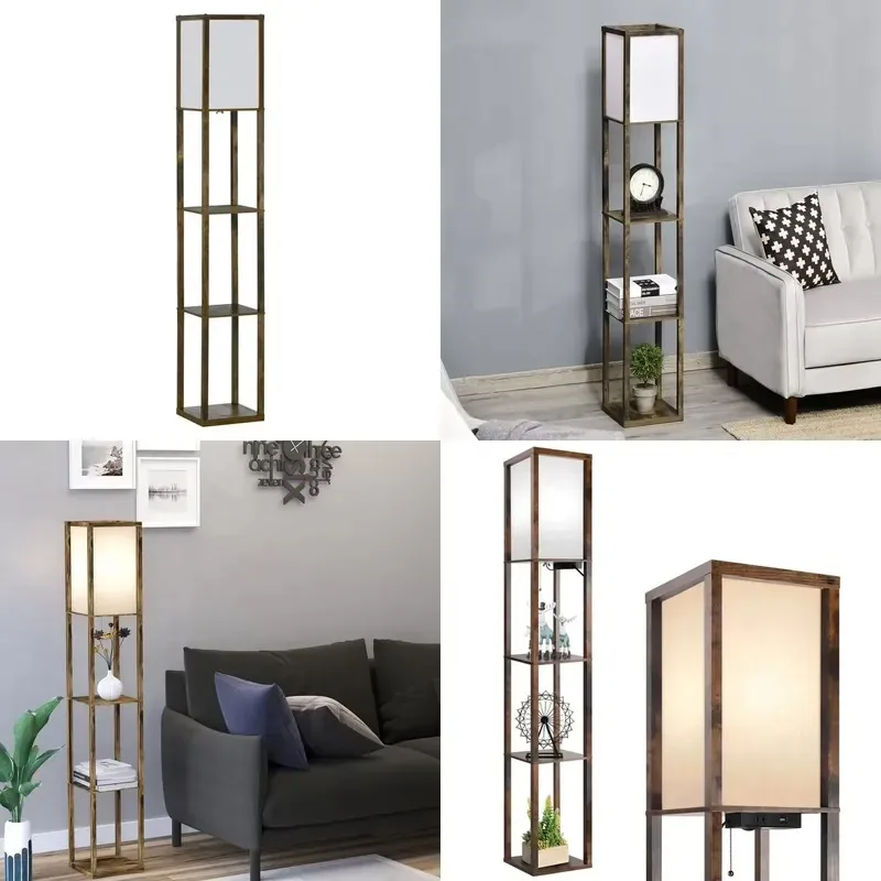 Modern Square Floor Lamp with E26 E27 Socket and Built-in Bookshelf for Living Room Bedroom Home Decor Lighting