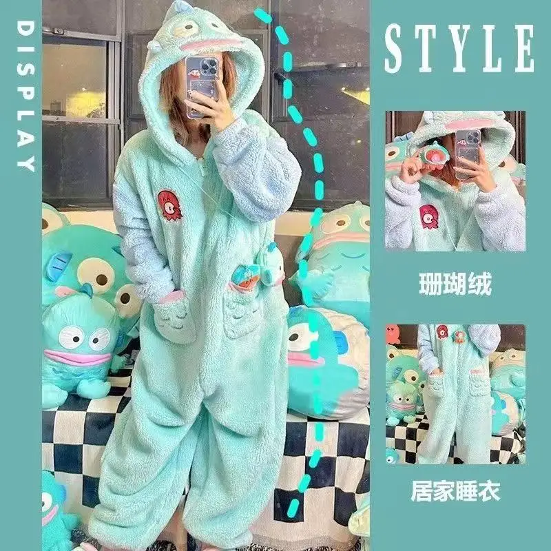 

Sanrio Kawaii Hangyodon Plush Jumpsuit Pajamas Siamese Pajamas Cartoon Hooded Anime Coral Velvet Homewear Thickened Nightgown