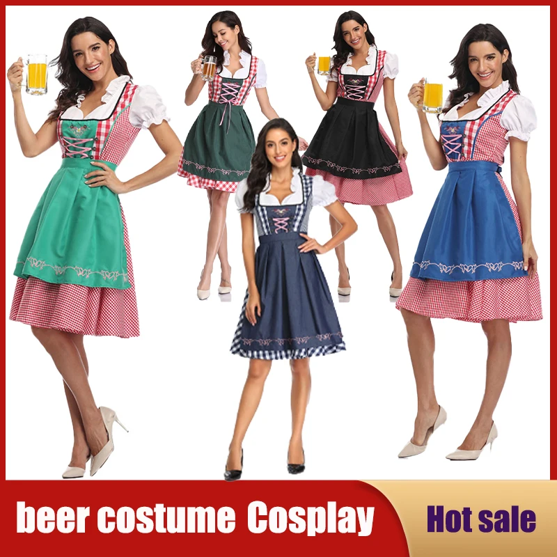 

Lady Oktoberfest Costume Traditional Germany Pink Plaid Dress Bavarian National Beer Party Halloween Fancy Clubwear Cosplay