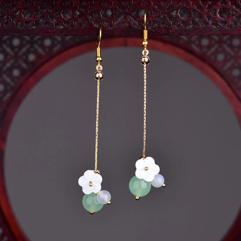 Long Tassel Elegant Eardrop For Light Green Coloured Glaze Pendant Flower Retro Earrings The Tang Dynasty Hanfu Accessories