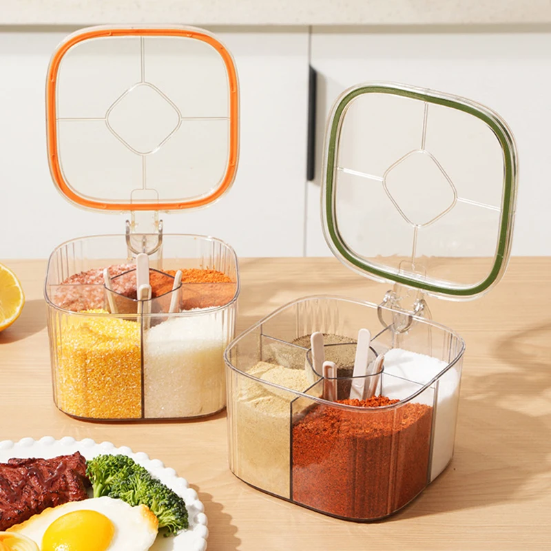 

Коробка для соли с несколькими сетками, с ложками и герметичной крышкой, прозрачная банка для специй, миска для порошка чили, сахара, влагостойкий контейнер