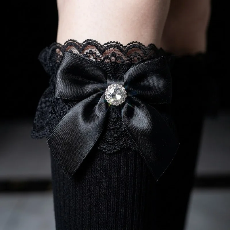 Gerippte kniehohe Damensocken mit Spitze und Schleife, elegante Baumwoll-Wadensocken, weiche, atmungsaktive Freizeitsocken für Lolita, Alltagskleidung, Geschenk – Detail 6
