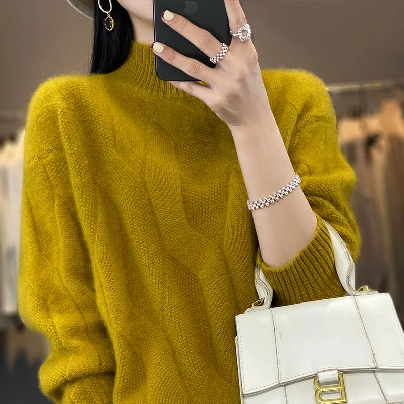 100% pure wool half high neck cashmere sweater women\'s loose heavy fried dough twist autumn and winter pullover sweater bottomin