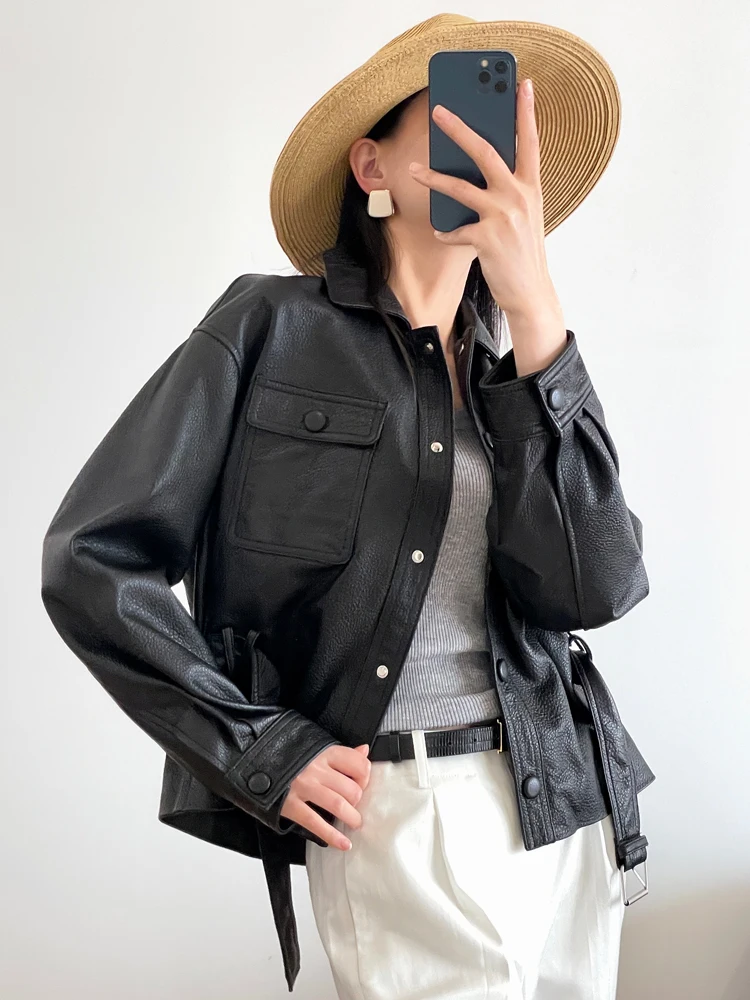Casual Black Genuine Leather Jackets for Women Spring Autumn 2025 New High-end Simple Slim Belted Short Real Sheepskin Coat