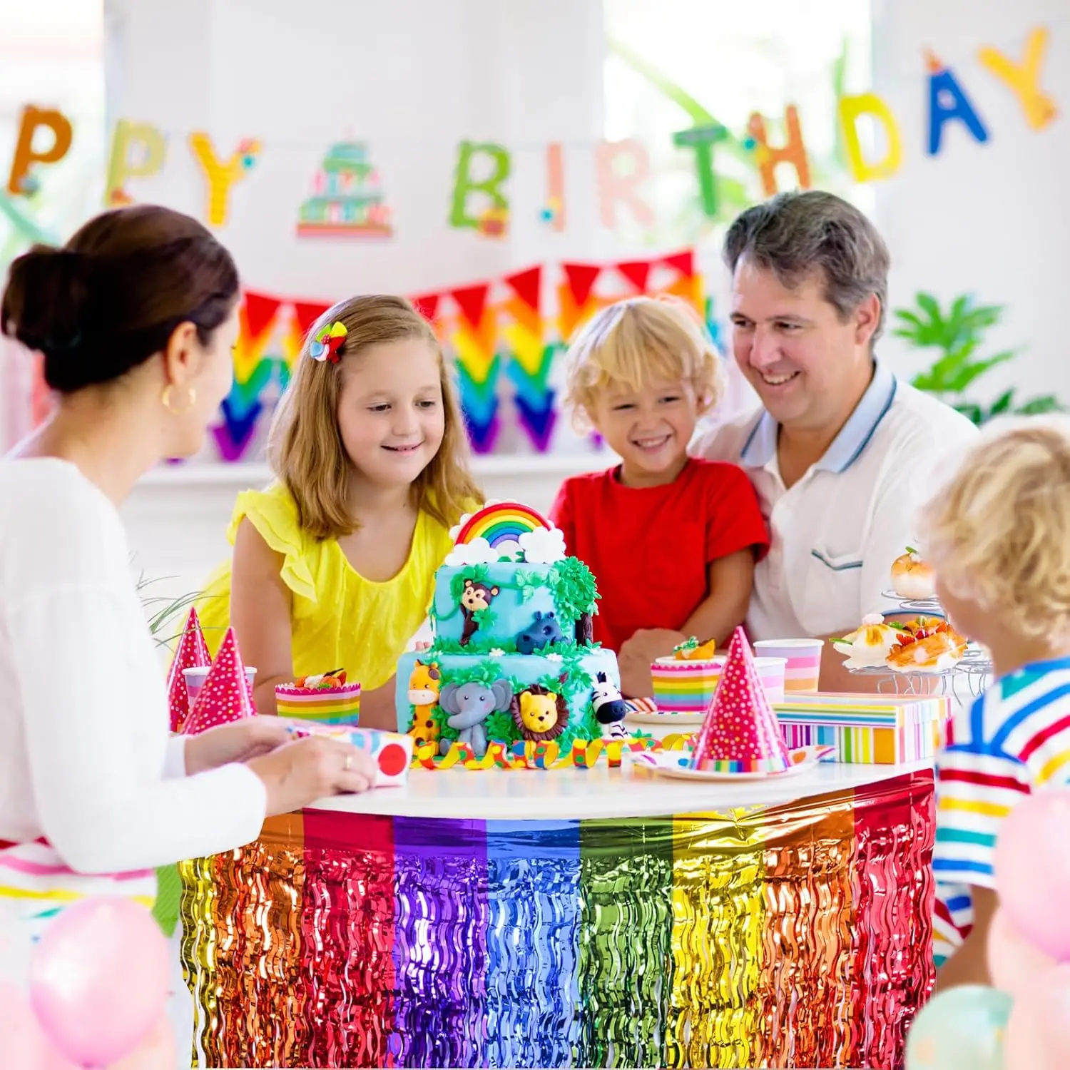 مجموعة مكونة من 4 قطع من تنانير طاولة قوس قزح، زخرفة شرابة معدنية مموجة لأعياد الميلاد والمدرسة وحفلات الأجنحة الفائقة ومستلزمات الزفاف والخطوبة