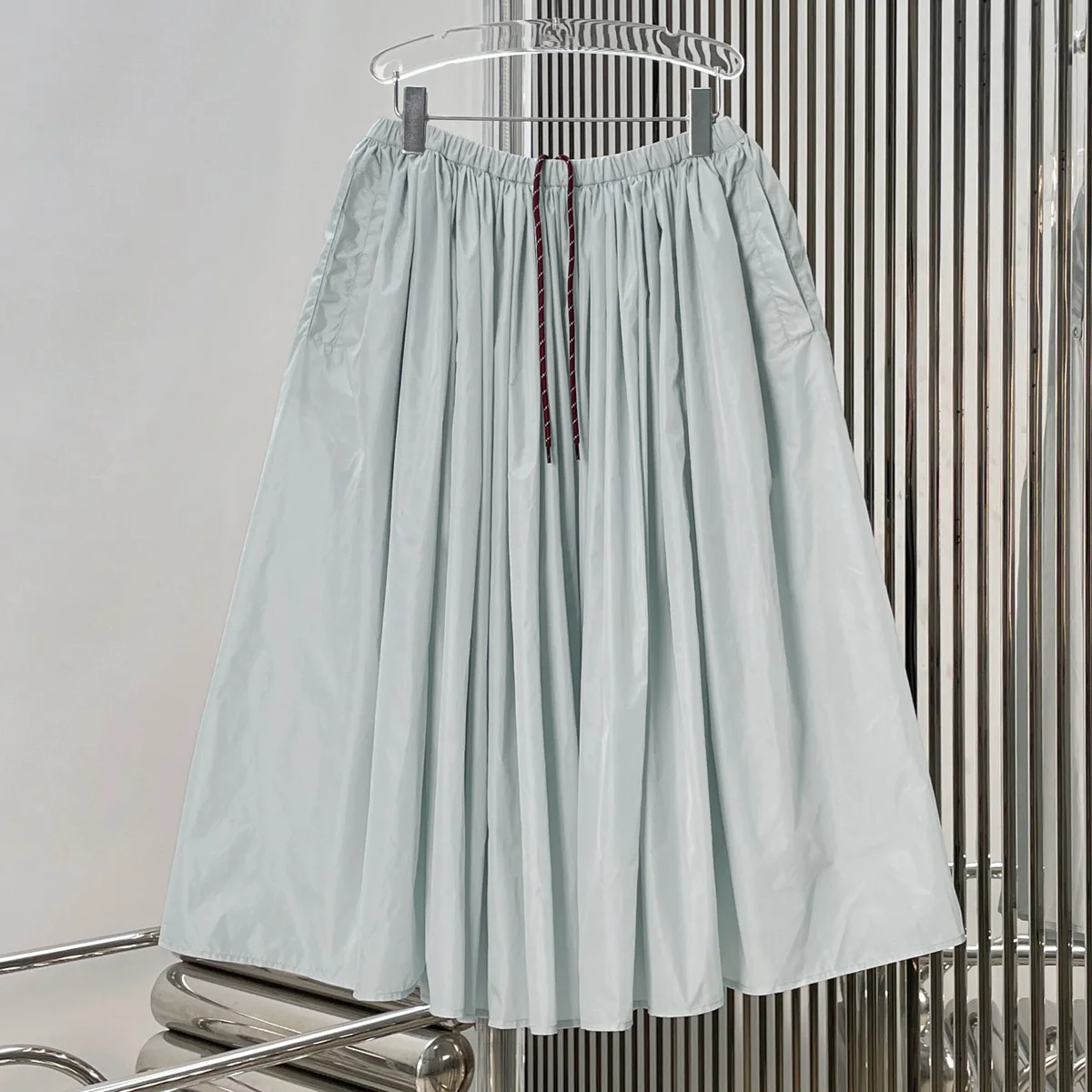 High Quality Women Light Blue Drawstring Elastic Waist Midi Skirt, Pleated A-Line Swing Casual Umbrella Skirt lyt133379