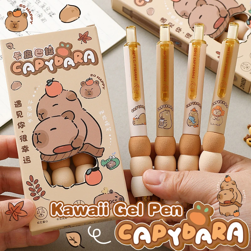 4Pcs Kawaii Capybara Panda Gel Pen Quick-Drying Black Ink Writing Smooth Soft Grip Pens Office Accessories Stationery Supplies