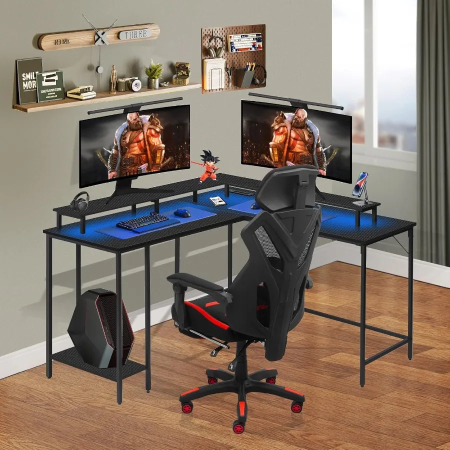 53.5 LShaped Computer Desk for Gaming and Home Office with Builtin LED Lights Power Outlets Reversible Design Monitor Stand Sto