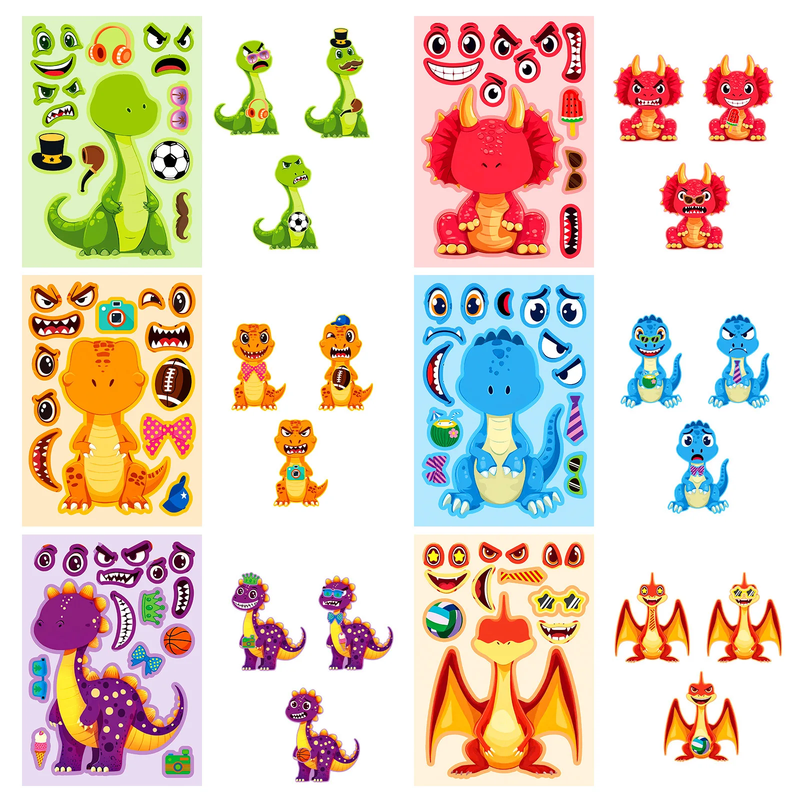 6/12PCS Dinosaur Puzzle Face Changing Stickers Cute Cartoon Stationery Reward Stickers