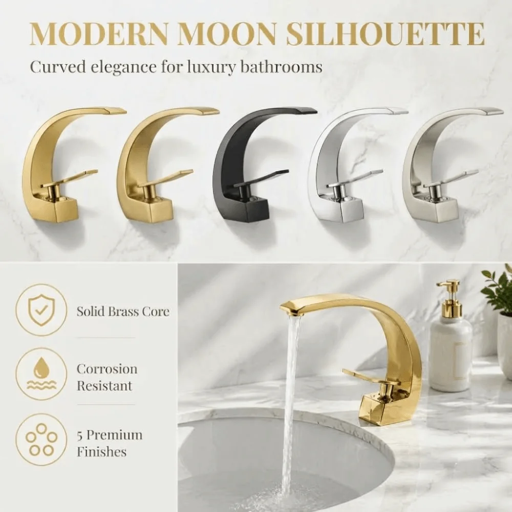 Matte Black Finish Bathroom Faucet Moon Curved Spout Minimalist Design Undermount Bathroom Faucet Durable Zinc alloy