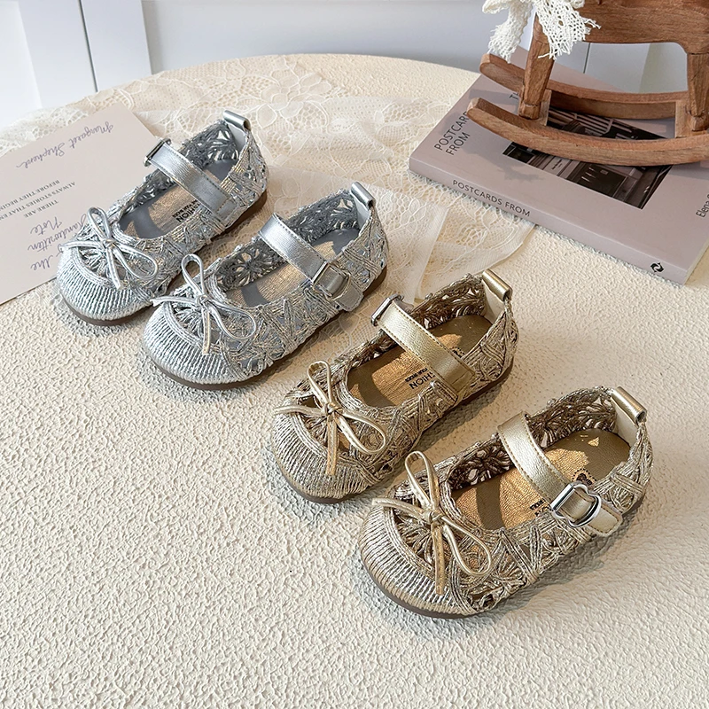 Girls Summer Sandals Hollow Out Children Mary Jane Shoes with Bow-knot Anti-slip Soft Sole Kids Flats Princess Dress Shoes New