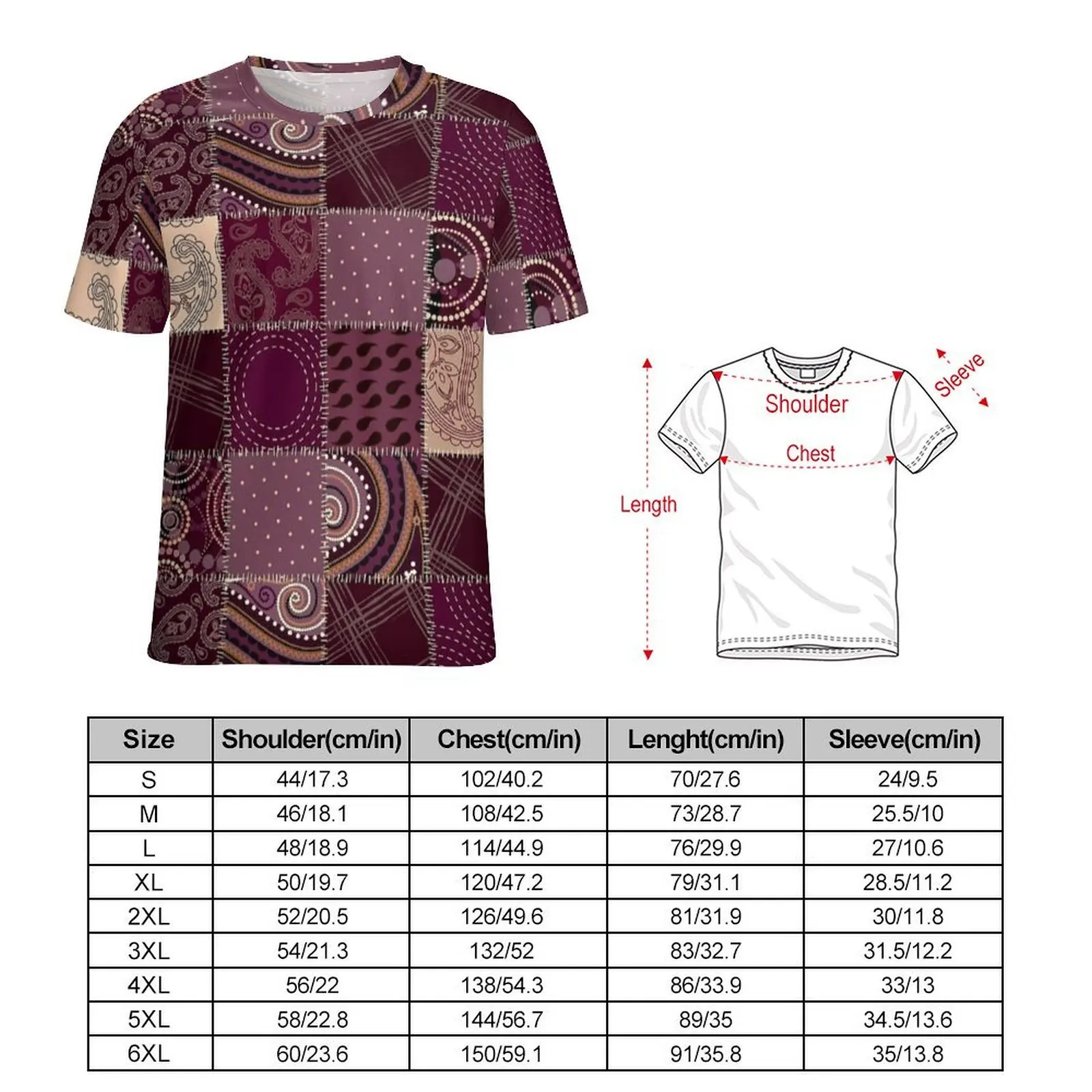 Wine Paisley Patchwork Print T Shirt  Hip Hop T Shirts Short-Sleeve Printed Tops Hot Sale Original Aesthetic Oversized Clothing