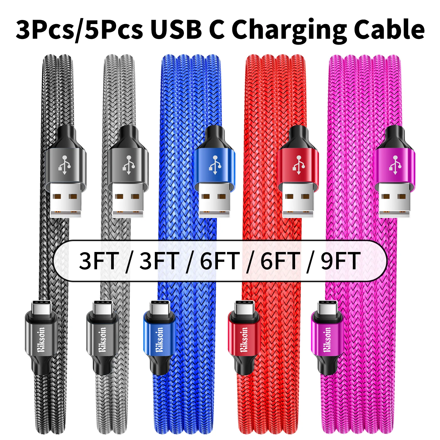 RIKSOIN USB Type c Cable, 5 Pack Nylon Braided USB C Cables 3A Fast Charging Charger for Samsung Galaxy S9/S8 Note8/9 20 10 S21