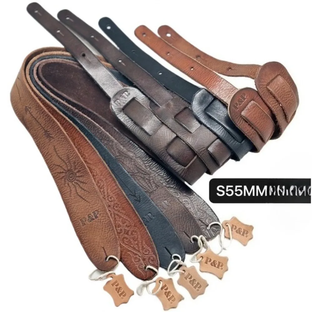 Retro Handmade Top-Grain Leather Guitar Strap, 55mm Widened Genuine Strap, Vintage Shoulder Strap for Electric Guitar & Bass