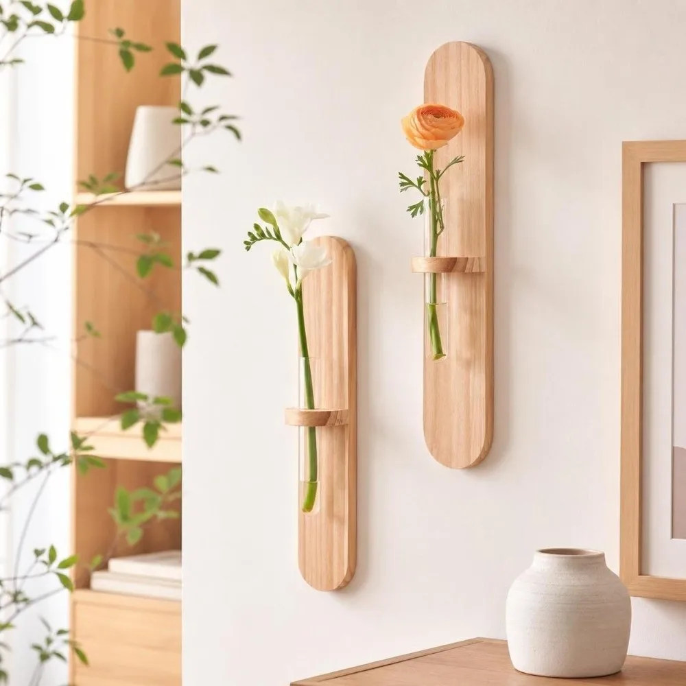 Wooden Wall Mounted Planter Vase Creative Design Flower Plant Pot Minimalist Style Home Ornaments Water Plant Tube Stand