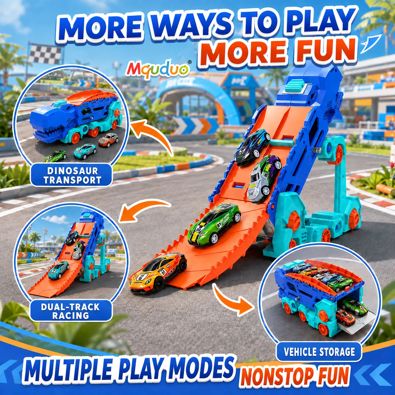 MQUDUO 2 in 1 Dinosaur Car Track Set, Fold Out Dual Lane Racing Ramp, Vehicle Storage and Random Color Cars for Family Game