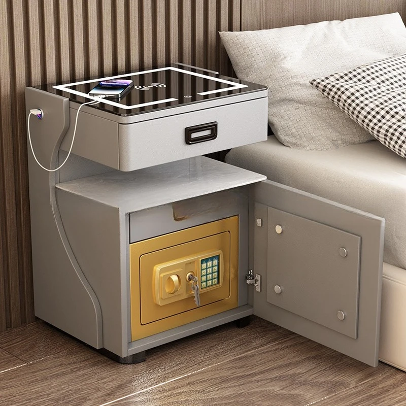 

Home Smart Bedside Table Safe Integrated Bedroom Storage Cabinet Wireless Charging Safe with Light