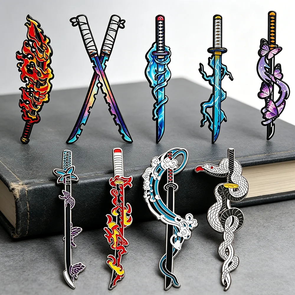 4/9pcs Demon Slayer Nichirin Sword Enamel Pin Set Anime Katana Brooches, Tanjiro, Zenitsu, Inosuke Themed Lapel Pins Collection
