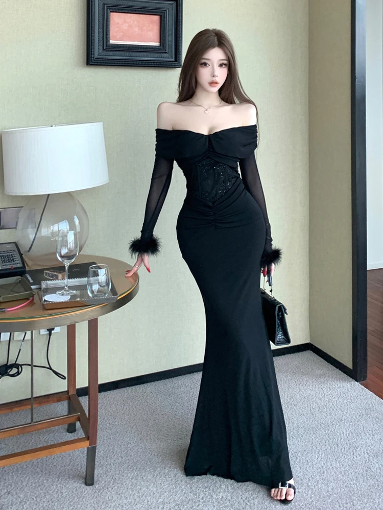 セクシーなY2Kスラッシュネックレースピンクボディコンドレス、黒のウエストシェイプ、ふわふわ袖のペンシルマーメイドヘムドレス、パーティー、プロム、ベスティドス、ローブ