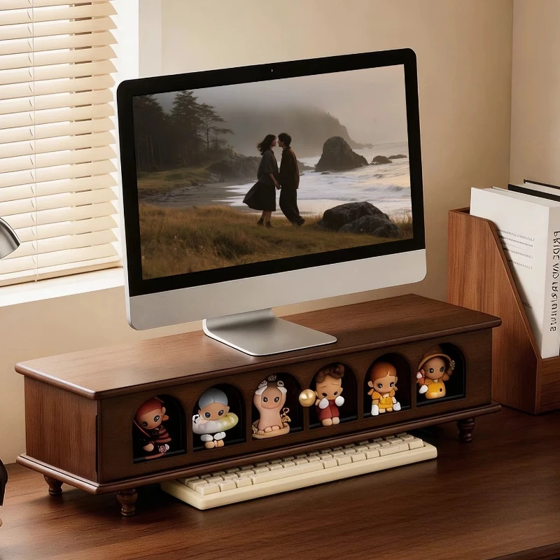 Retro Wooden Monitor Stand Height Adjustable Desk Riser Blind Box Display Rack Study Office Storage Organizer for Desktop