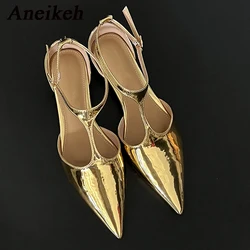 Aneikeh Fashion Women's Strange Style Heel Sexy Gold pointed T-Strap hollow sandals Low Heel Buckle Pumps 2024 Summer Lady Shoes