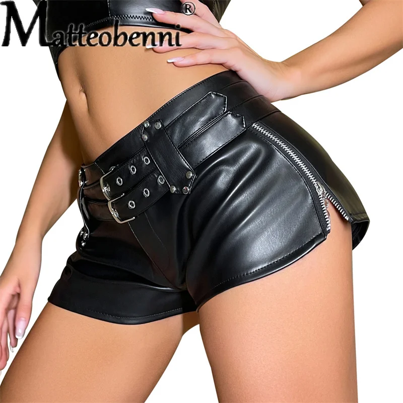 New 2025 Womens Sexy Club Party Shorts Elastic Low Waist Shiny Faux PU Leather Casual Short Pants Hot Dance Clubwear Mini Shorts