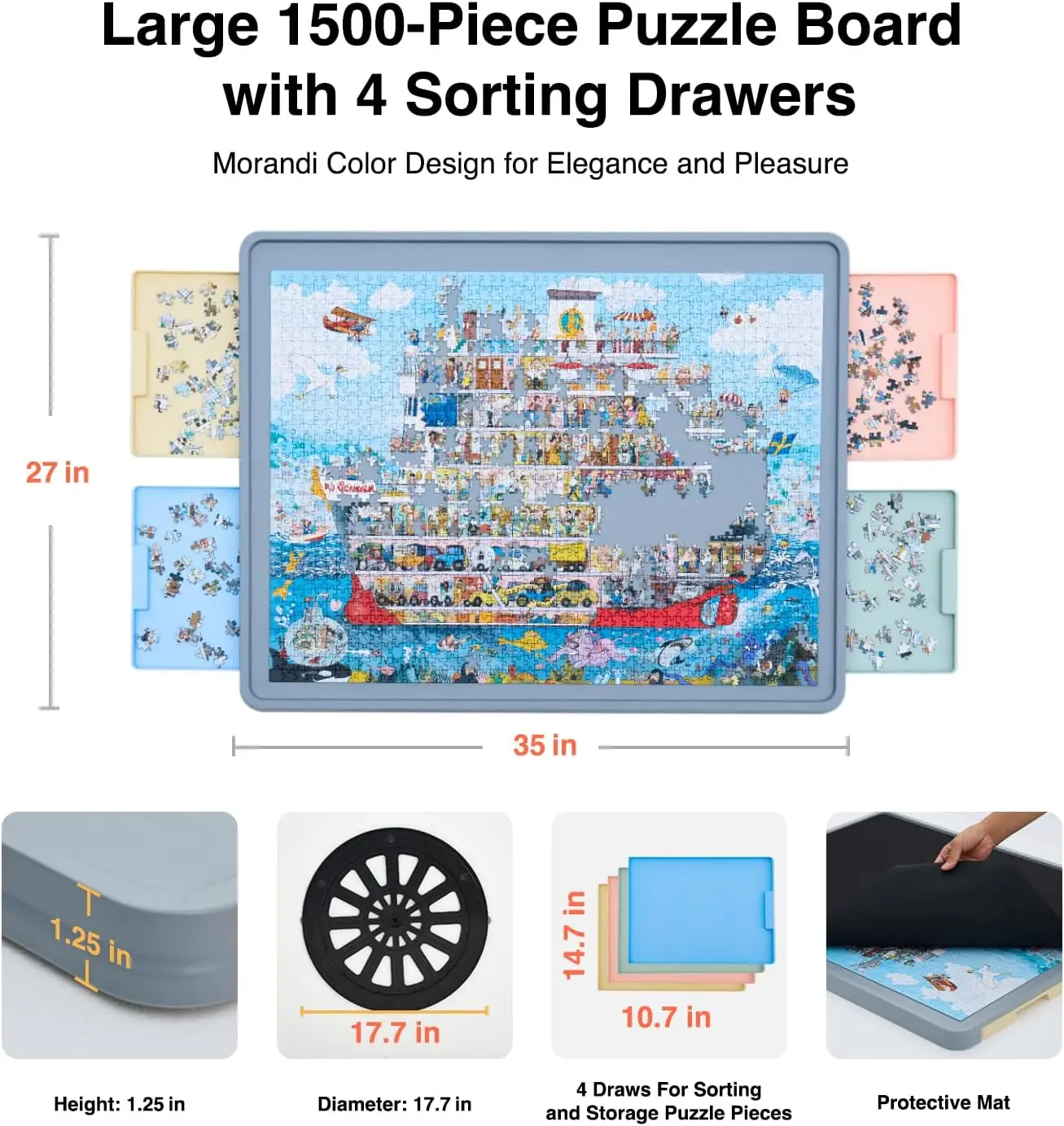 Rotating Puzzle Board for 1500/1000 Pieces with Drawers and Cover, Upgraded Lazy Susan Spinning Jigsaw Puzzle Organizer Table