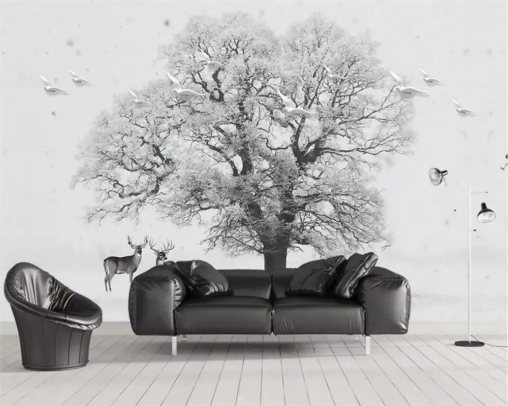 Customized Size Forest Tree Mural Pink Cherry Blossom Tree Animal Sunshine Green Forest Black and White Tree 3d Wallpaper