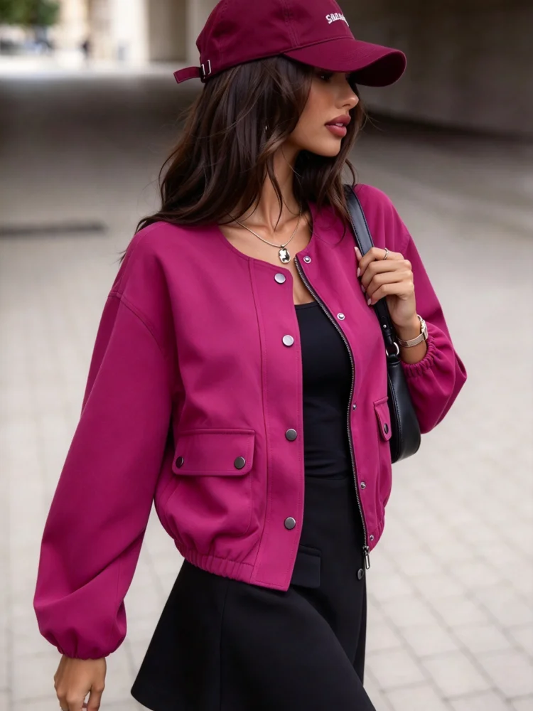 Bomber Jacket Women Cropped Long Sleeve Zipper Snap Button Pockets Loose Pink Outerwear Streetwear Casual Daily Coat