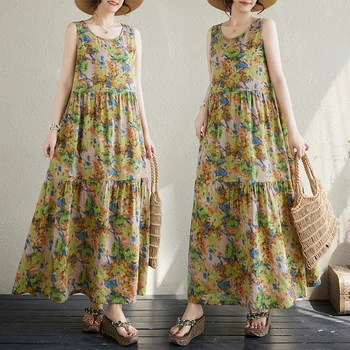느슨한 맞는 코튼 린넨 꽃 프린트 민소매 조끼 드레스 여성 긴 해변 휴가 스타일 드레스 