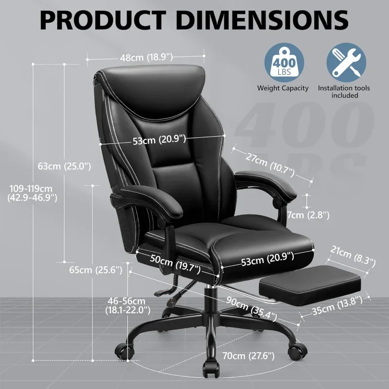 Big and Tall Ergonomic Office Desk Chair Comfy, PU Leather Home , HighBack Reclining Computer with Footr