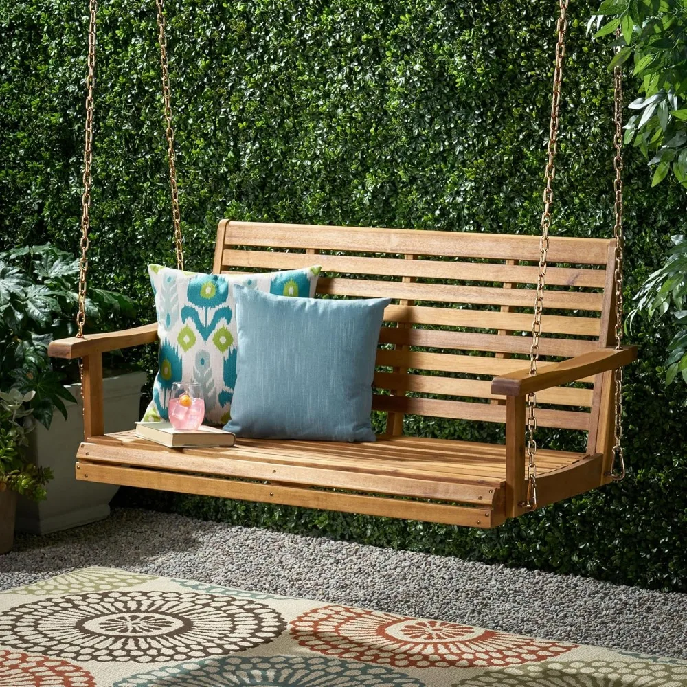 

Wooden Porch Swing 2-Seater, Classic Slat Design Hanging Chair with Durable Acacia Frame, Water-Resistant Outdoor Swing Bench Ha