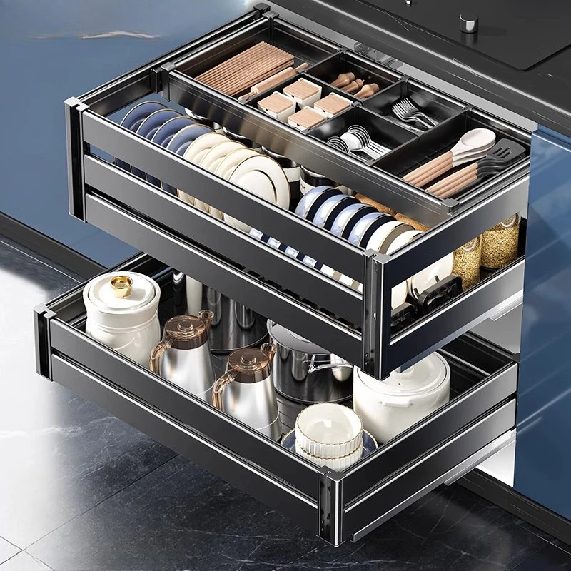 Pull Basket Kitchen Cabinet Double Drawer Dish Basket All Aluminum Alloy Pumping Storage Cabinet