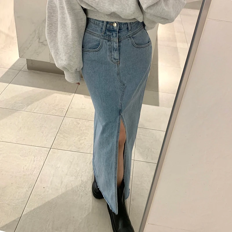 Chic High Waist Long Denim Skirt Spring Vintage Fashion One Button Front Slit Design Slimming A-Line Skirts for Young Women