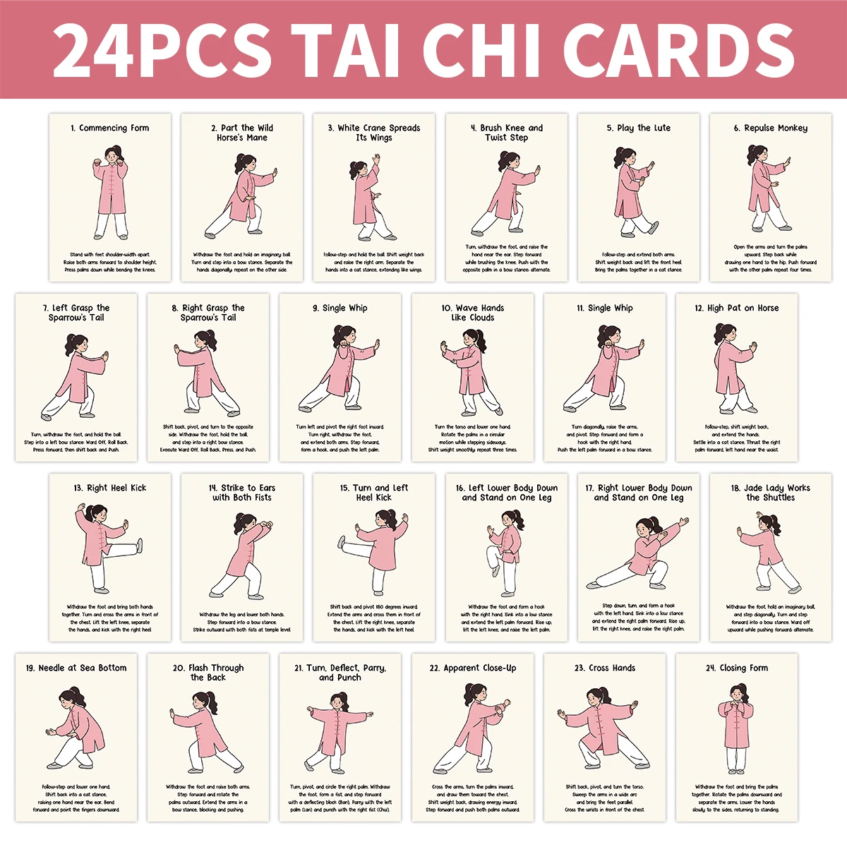 24pcs Tai Chi Movement Reference Cards With Instructions,Learning Tools For Beginners,Instructors,Home Or Office Daily Practice