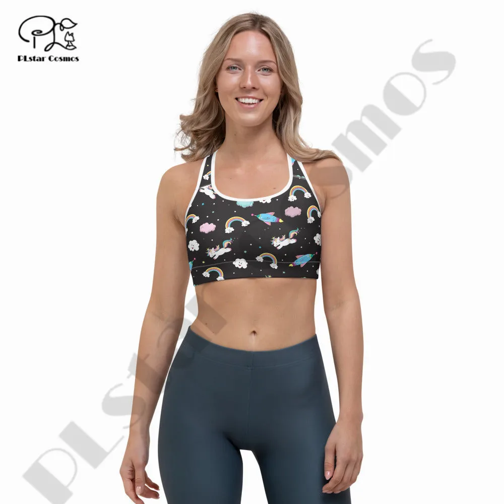 PLstar Cosmos Newest 3DPrint Unicorn Flower Yoga Sport Bra With Chest Pad Cup Fitness Gym Cozy Unique Women'Vest Running Hot Top