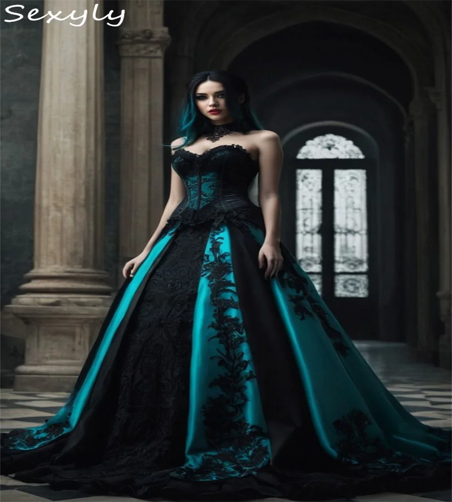 Mystieke blauwe en zwarte vampier galajurk burgeroorlog Steampunk gotische avondjurk kant historische formele feestjurk op maat