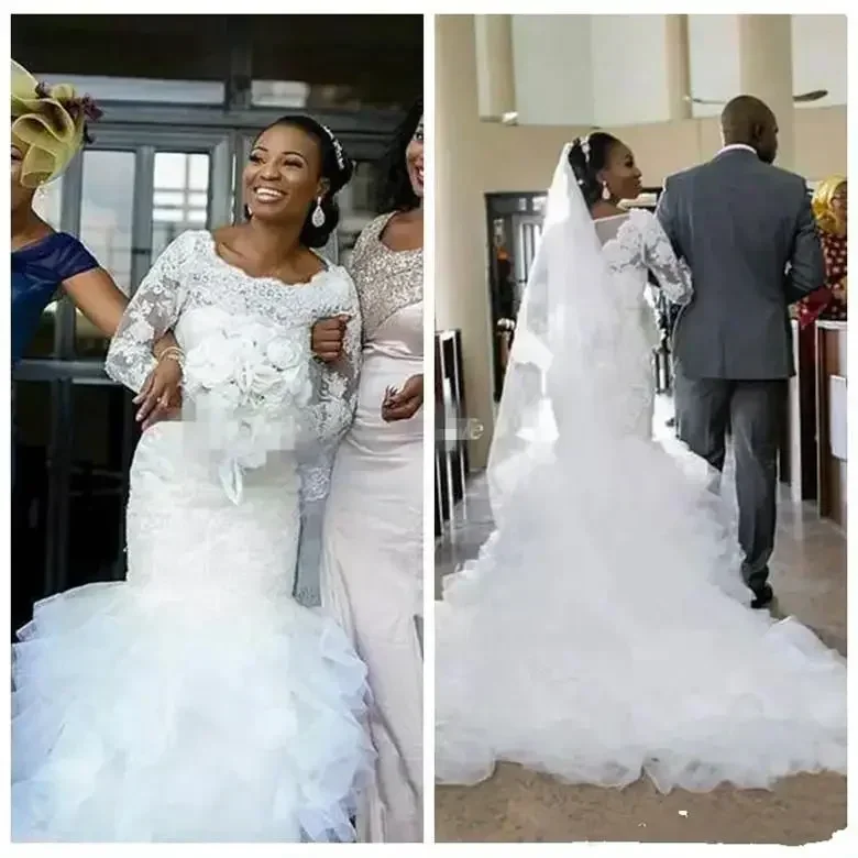 

Customized White Mermaid Wedding Dress Lace Long Sleeves Jewel Neck Zip Back Gorgeous Appliqued Beading Bridal Gowns Ruffle Skir