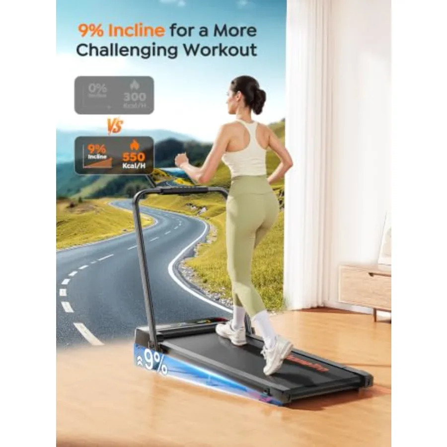 Walking Pad Treadmill with 9% Incline and Dual LED Display, 4 in 1 Foldable Treadmill with Handle bar for Home/Office, 3.5HP Po