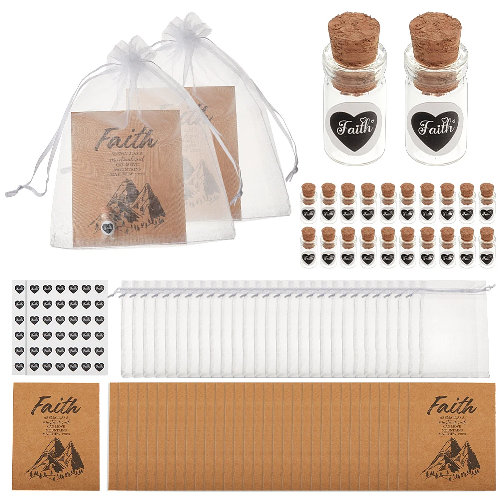 60セット「have-a-little-faith」カードキットには、60個のミニガラス瓶とオーガンザバッグが含まれており、女性への洗礼信仰ギフトに最適です。