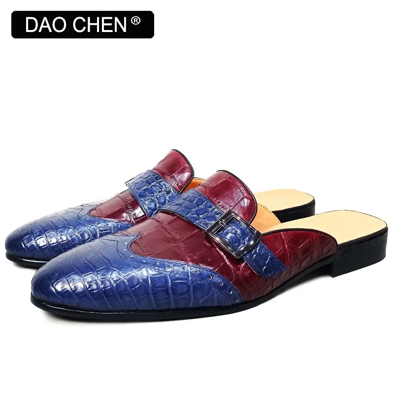 LUXURY MEN'S SHOES BLUE MIXED RED ROUND TOE CASUAL DRESS SHOES BREATHABLE COMFORTABLE GENUINE LEATHER HALF SHOES FOR MEN