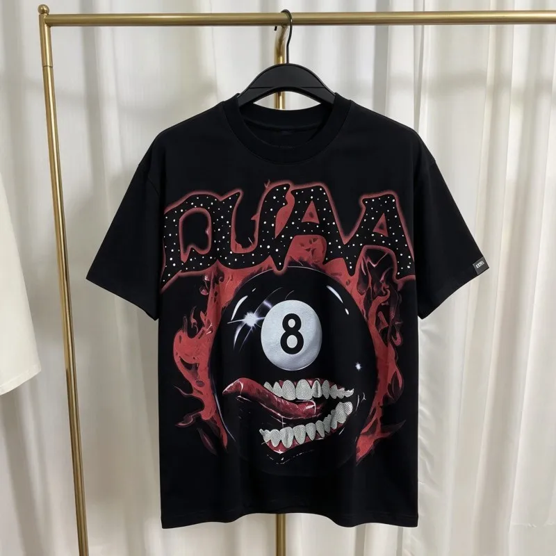 Flame No. 8 Black Billiards Hotfix Rhinestone Tooth DUAA Tshirts Men Women Round Neck Short Sleeve Men Women Top Tees