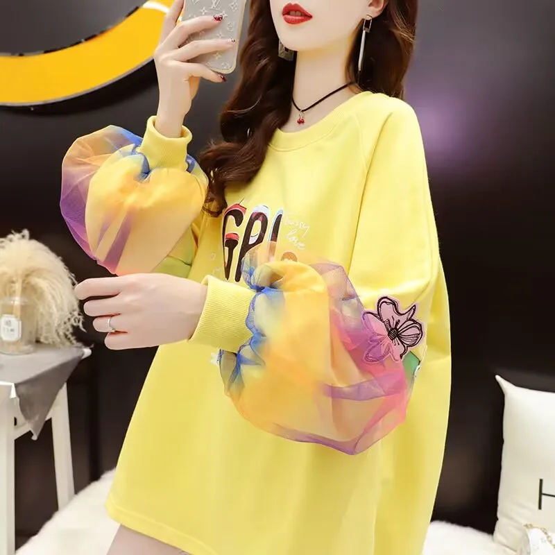 Oversized Women Hoodies Rainbow Gauze Puffy Sleeve Sweatshirt Korean Style Autumn Long Sleeve Hooded Female Pullovers Tops