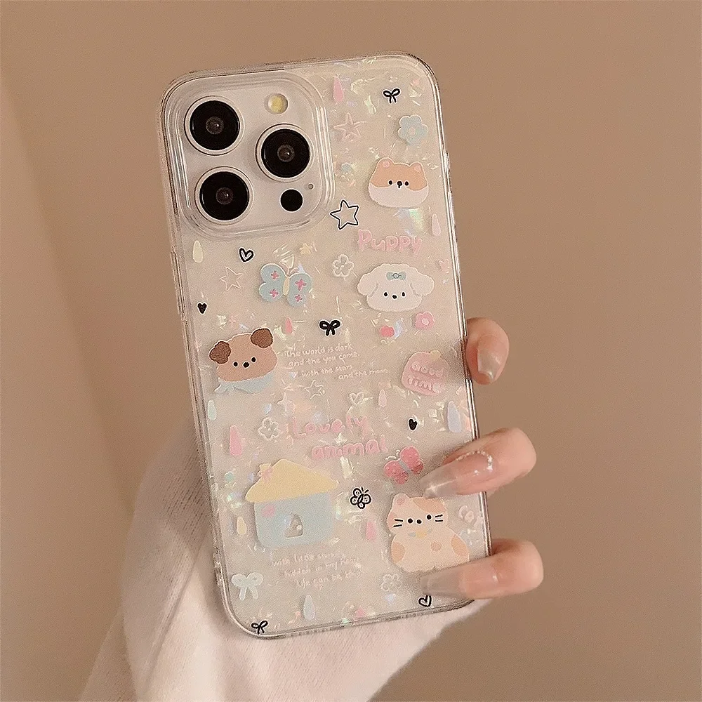 Funda de teléfono con patrón de concha de cachorro de dibujos animados para iPhone 11 12 13 14 15 16 Pro Max XR X XS 7 8 cubierta transparente de diamante 3D a prueba de golpes