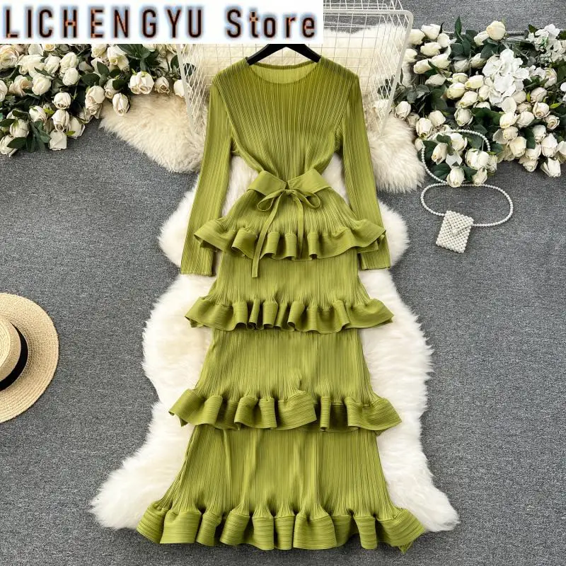 

Ruffles Shirring Lace-up Solid Color High Waist A-line Vestidos Sweet Style Women's Dress Winter Spring