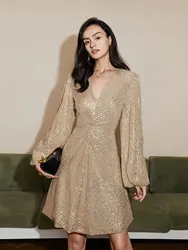 AEL Woman's Dress Fashion New Lantern Sleeve Ruched Detail Sequins Sexy V Neck High Waist A Line Dress