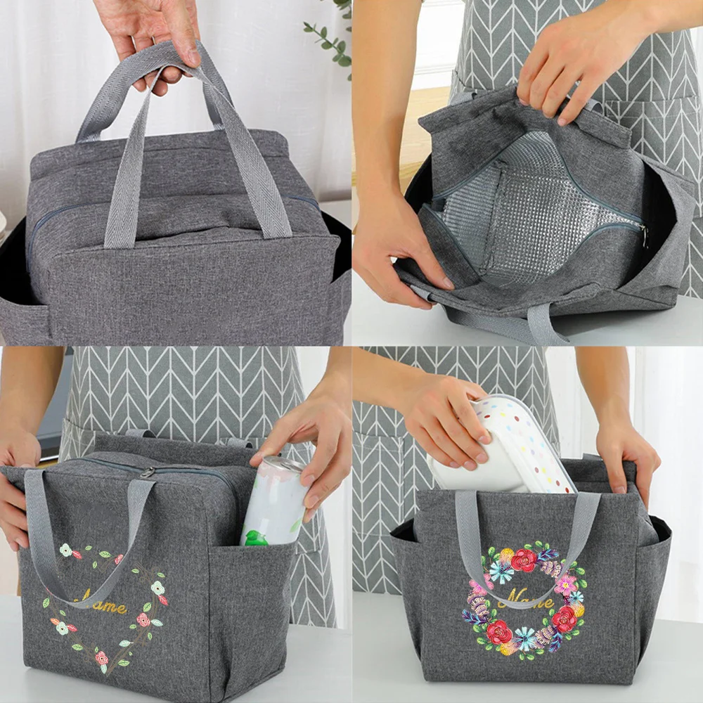 Customized Name Insulated Grey Lunch Bag Personalized Aluminum Foil Bento Lunch Bag Large Capacity Insulated Picnic Food Bag