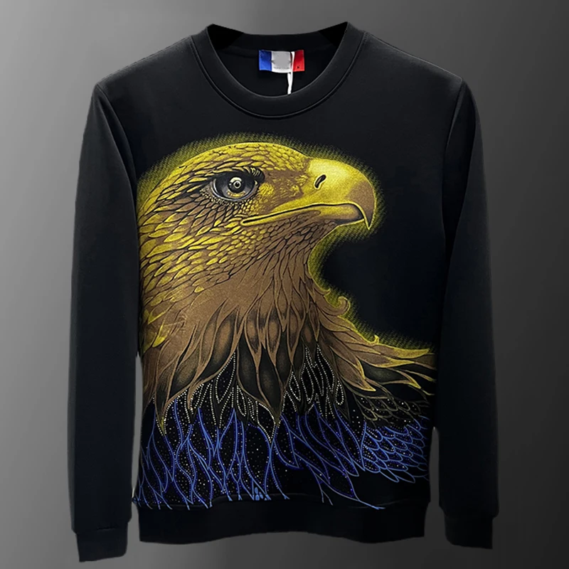 

2023 Korean Men Round Neck Eagle Print Hoodie Sweatshirt Homme Club Outfits Print Sweatshirt Men Slim Fit Pullover Tshirt